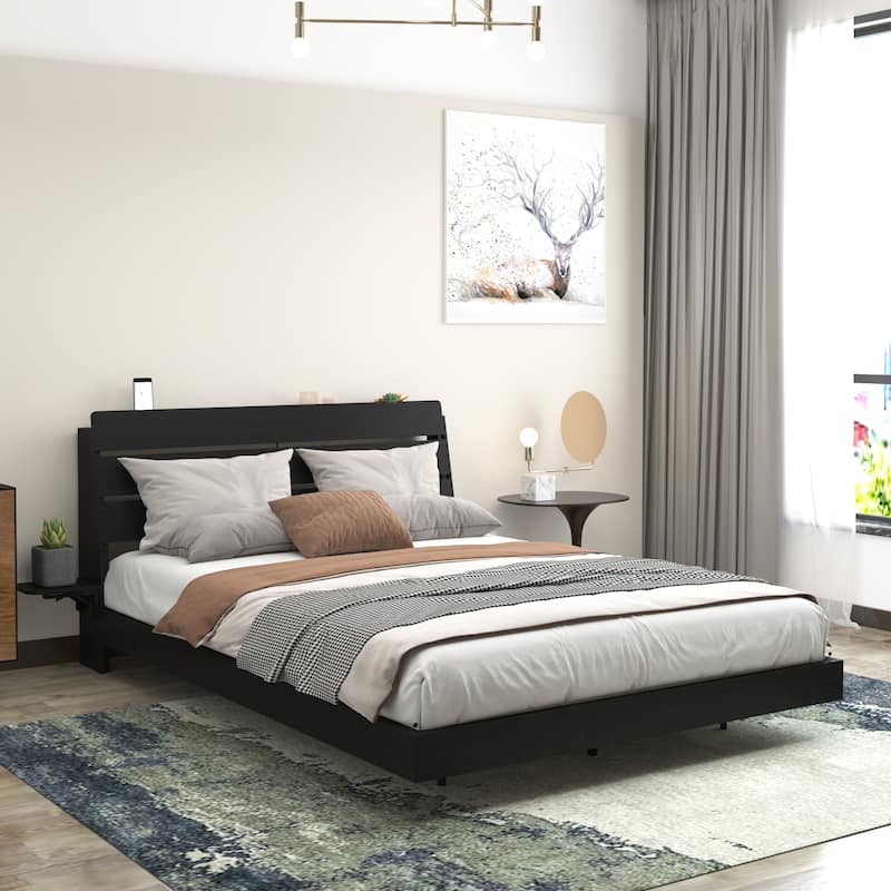 Wood Queen Size Floating Bed Frame with Led Lights, Foldable Side Tabletop and Storage Headboard Built-in Charging Station - Black - Queen