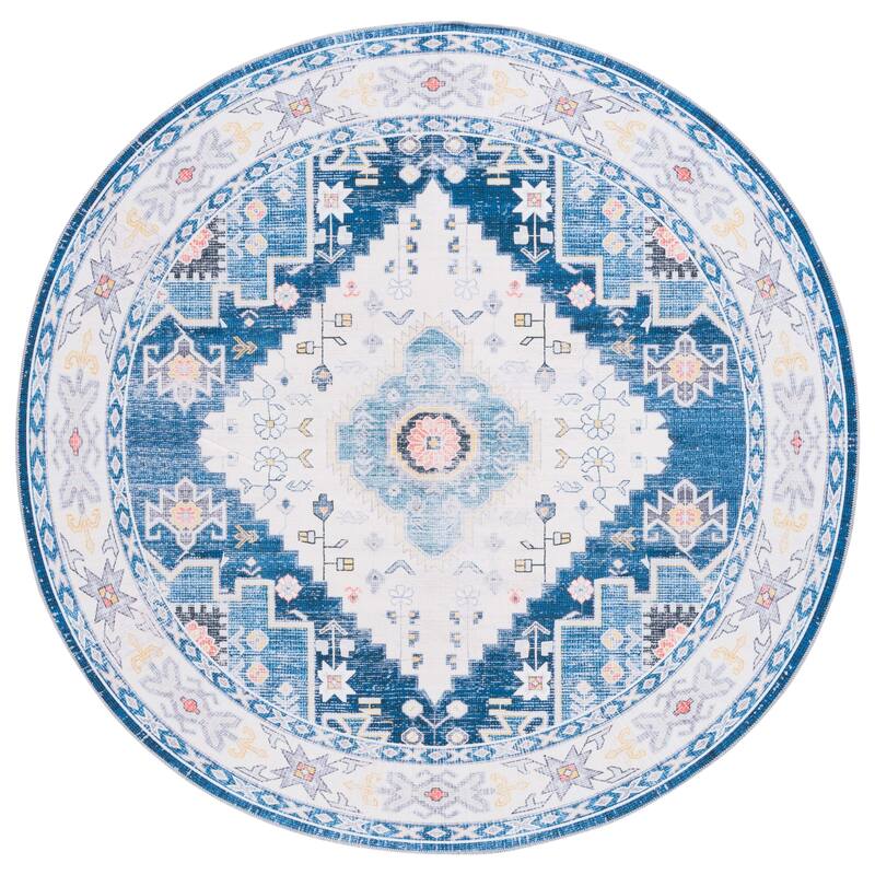SAFAVIEH Arizona Esme Machine Washable Slip Resistant Vintage Oriental - 6' x 6' Round - Blue - Round