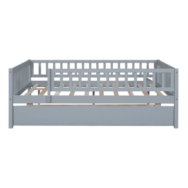 Full Size Wood Daybed with Trundle and Safety Guardrails, Space-Saving Design
