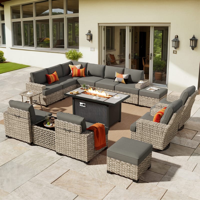 HOOOWOOO 15-piece Outdoor Sofa Patio Wicker Furniture Sectional Set with 54" Fire Pit Table - Black