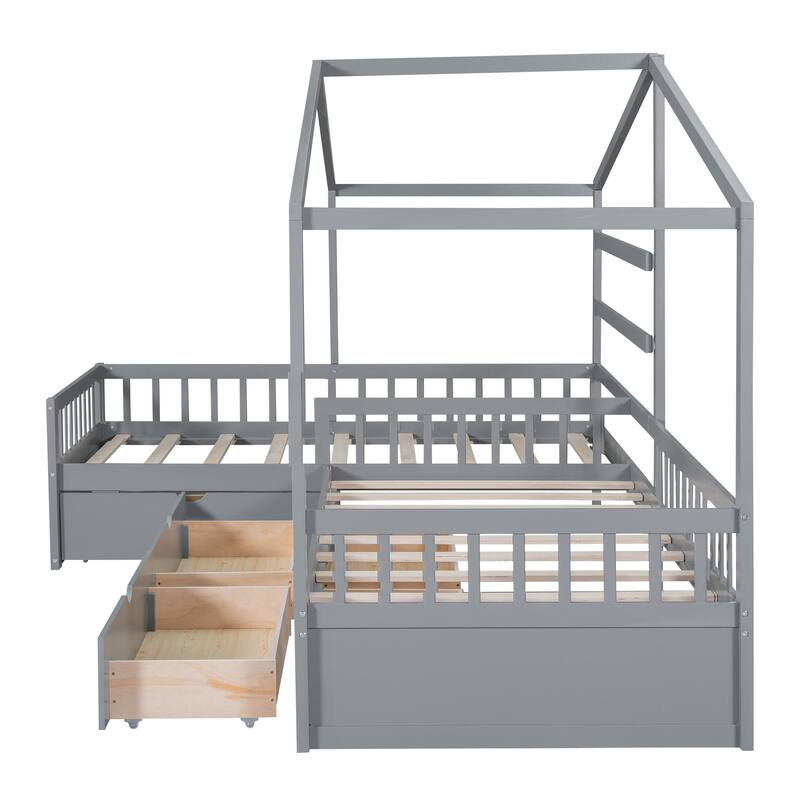Roomfitters Twin House Platform Bed with Roof-Inspired Frame and Three Underbed Compartments