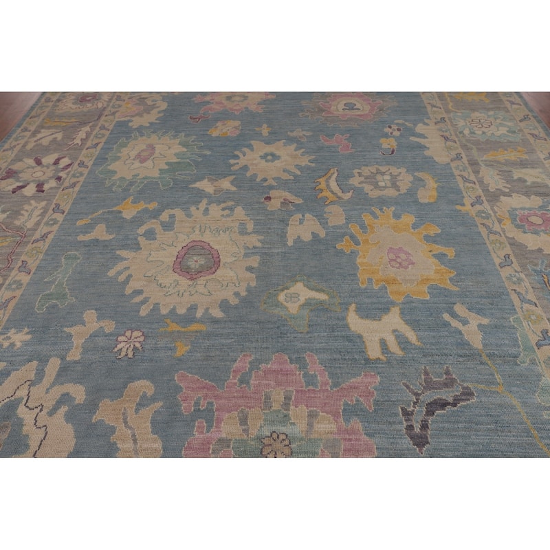 Blue Floral Oushak Turkish Area Rug Hand-Knotted Wool Carpet - 8'3"x 10'1"