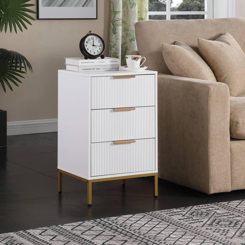 Nightstand with 3 Drawers, Sofa Side Table with Metal Handles & Legs, Wavy Drawer Panels Storage Table for Bedroom