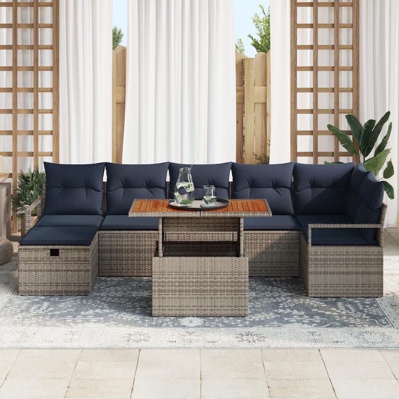 vidaXL 8 Garden Sofa Set with Cushions Black/Grey Poly Rattan - 113 x 48 x 27.2