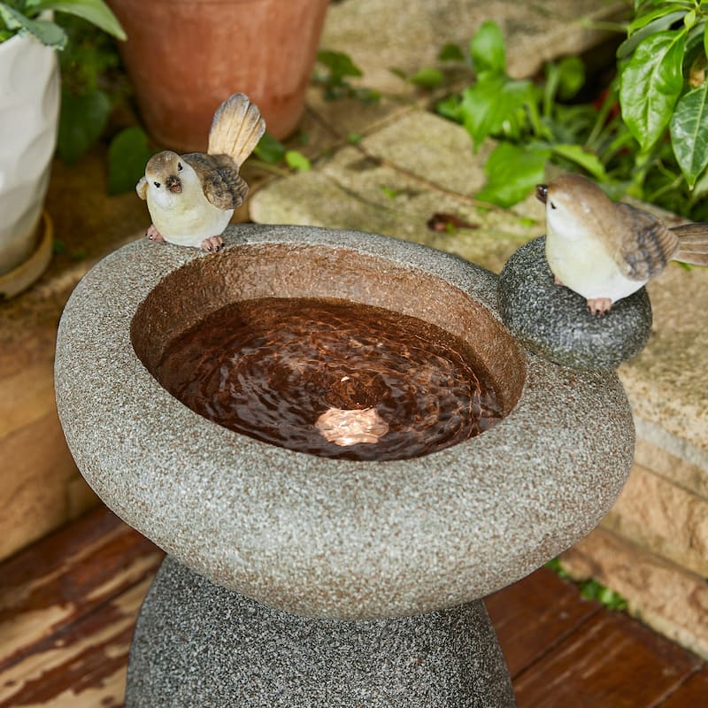 Glitzhome 21"H Zen-Style Faux Stone Birdbath Outdoor Fountain with Birds & LED Light