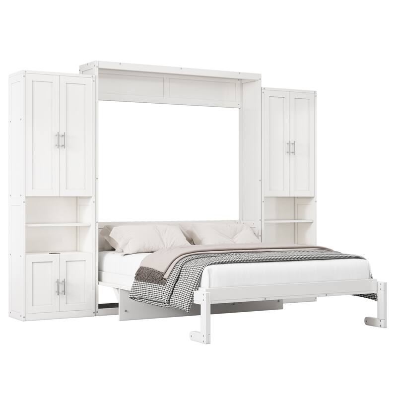 European Style Murphy Bed with Dual Piston System and Side Cabinet, Space-Saving Foldable Wall Bed Wood Bed Frame