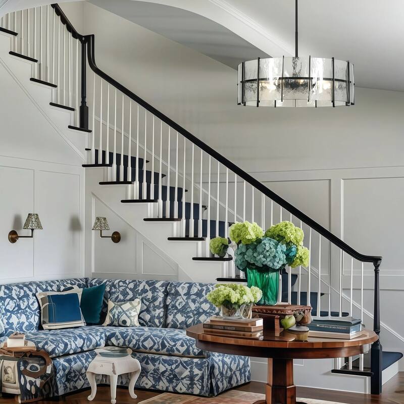 Modern 8-Light Drum Chandelier with Textured Gray Glass Shade For Living Dining Room Foyer - Dia. 31.5" x H 11"