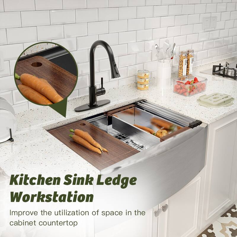 Farmhouse/Apron-Front Brushed Stainless Steel Workstation Kitchen Sink with Two-Function Pull-Down Faucet and Accessories
