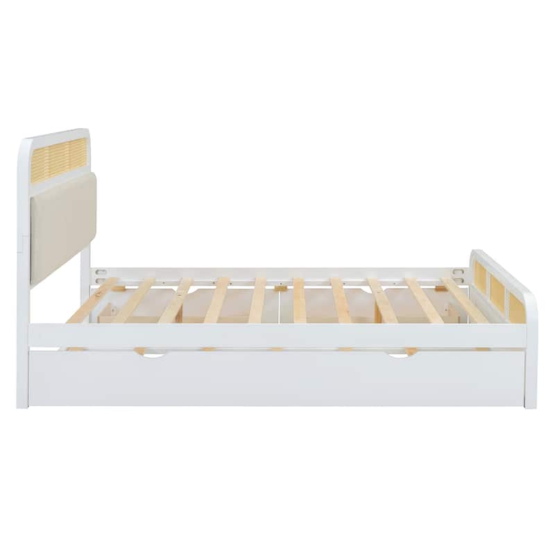 Boho Cane Wooden Platform Bed Queen Storage Bed with Wooden Headboard, Trundle and 2 Storage Drawers
