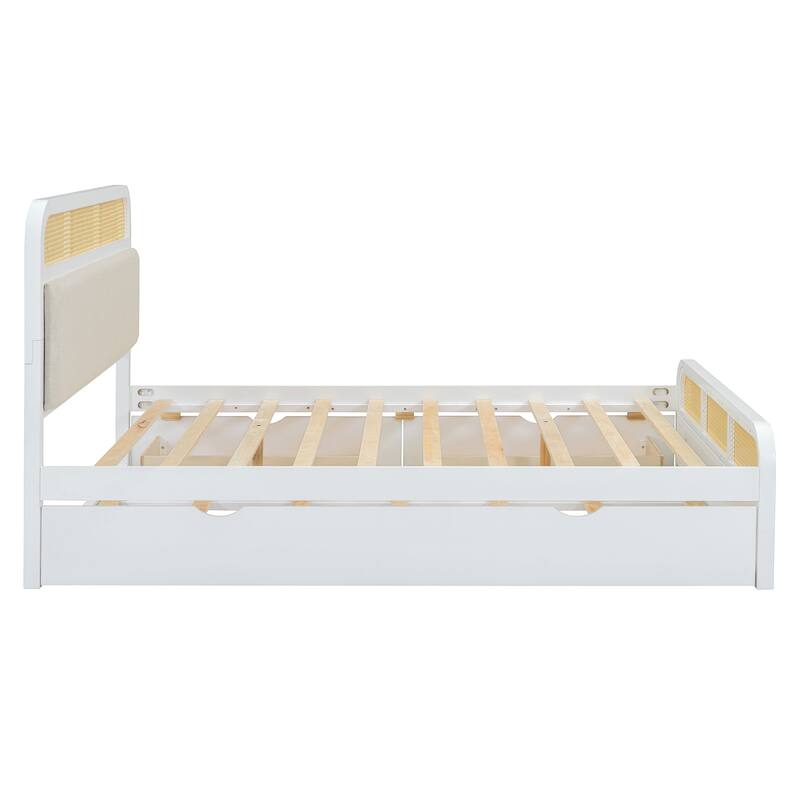 Queen size Wooden Platform Bed with Twin Trundle and 2 Storage Drawers, Classic Rattan Bed Frame with Upholstered Headboard