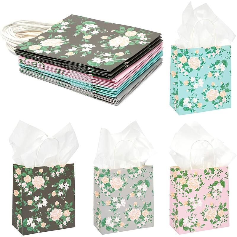 Blue Panda Small Floral Kraft Gift Bags with Handles in 4 Colors (8 x 9 x 4 in, 12 Pack)