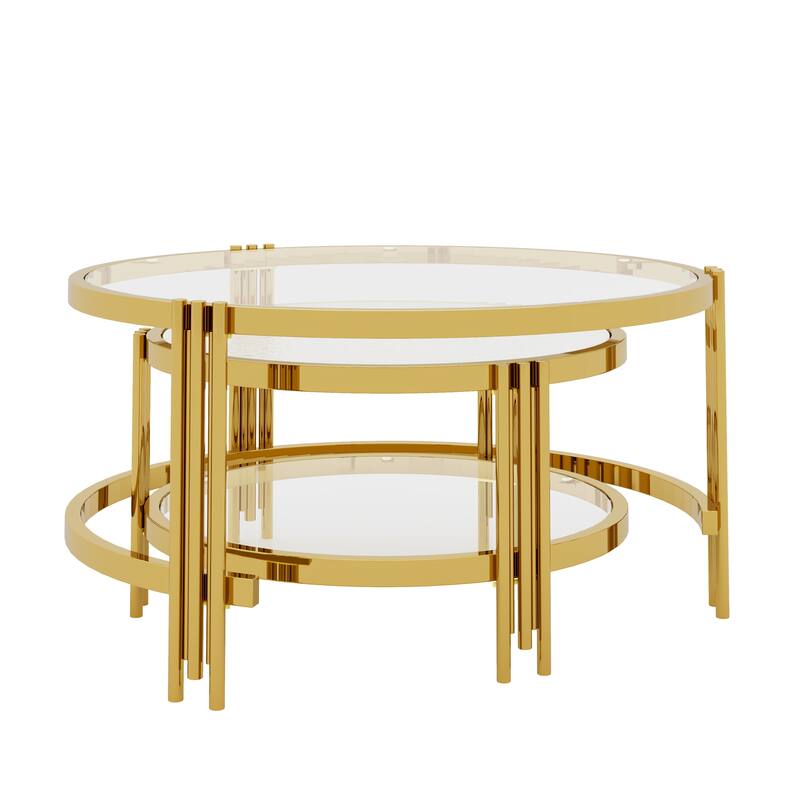 2-Piece Nesting Coffee Table Set, Round Glass Top Center Table with Lower Shelf, 2-Tier Metal Frame Storage Accent Tables