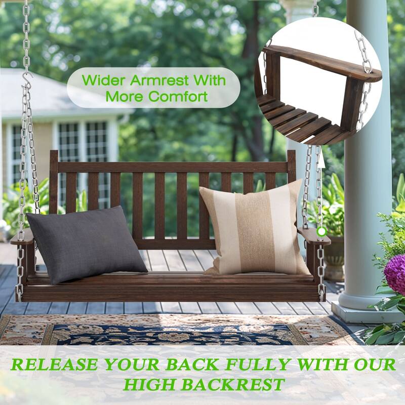 VEIKOUS 4 ft. Outdoor Wood Hanging Patio Porch Swing with Chains for 2