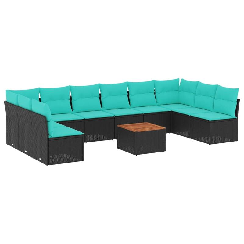 vidaXL 11 Piece Patio Sofa Set with Cushions Black Poly Rattan - 24.4" x 24.4" x 27.2"