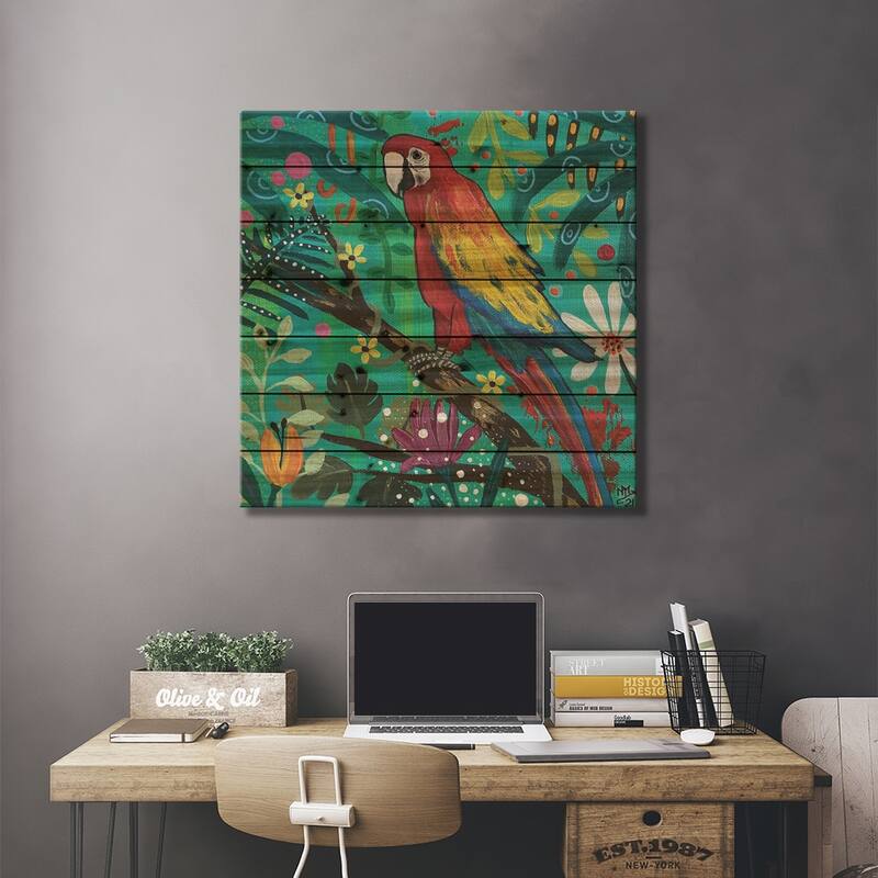 Scarlet Macaw Print On Wood by Magali Modoux - Multi-Color