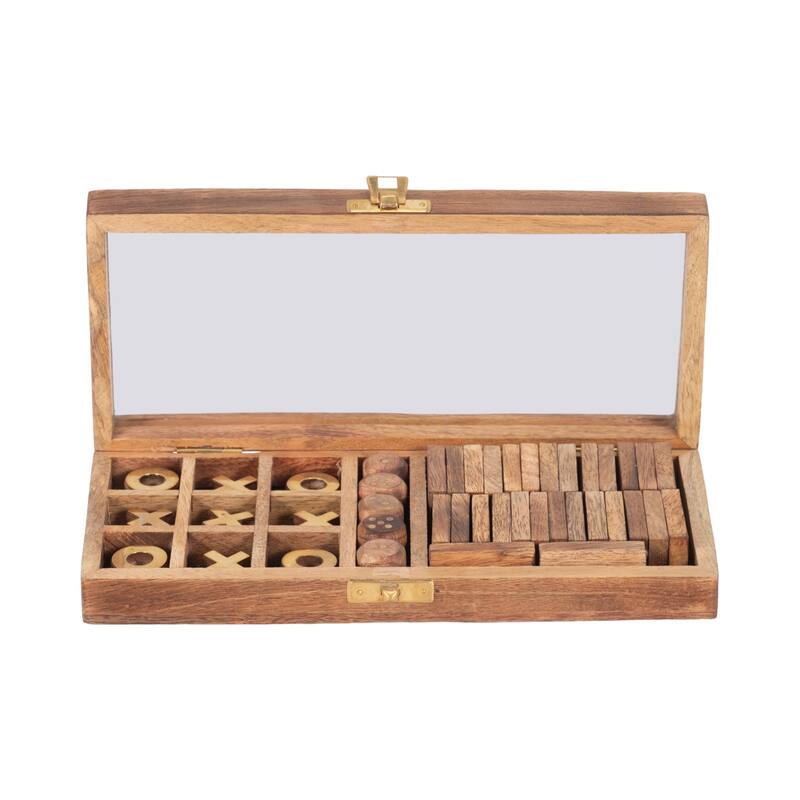 Sagebrook Home 9x4 Mango Wood, Glass & Brass Table Game Box, Elegant Brown Entertainment Piece for Family Gatherings