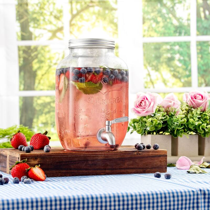JoyJolt Glass Drink Dispenser with Spigot & Fruit Infuser - 1 Gallon - 8' x 11'