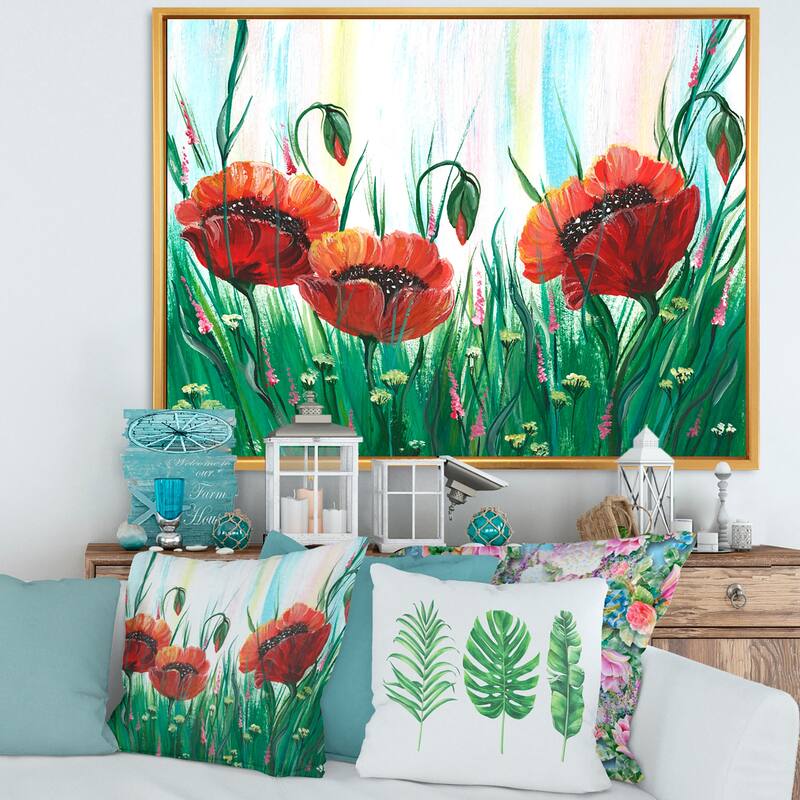 Designart "Red Bright Poppy Flowers on A Green Meadow" Traditional Framed Canvas Wall Art Print