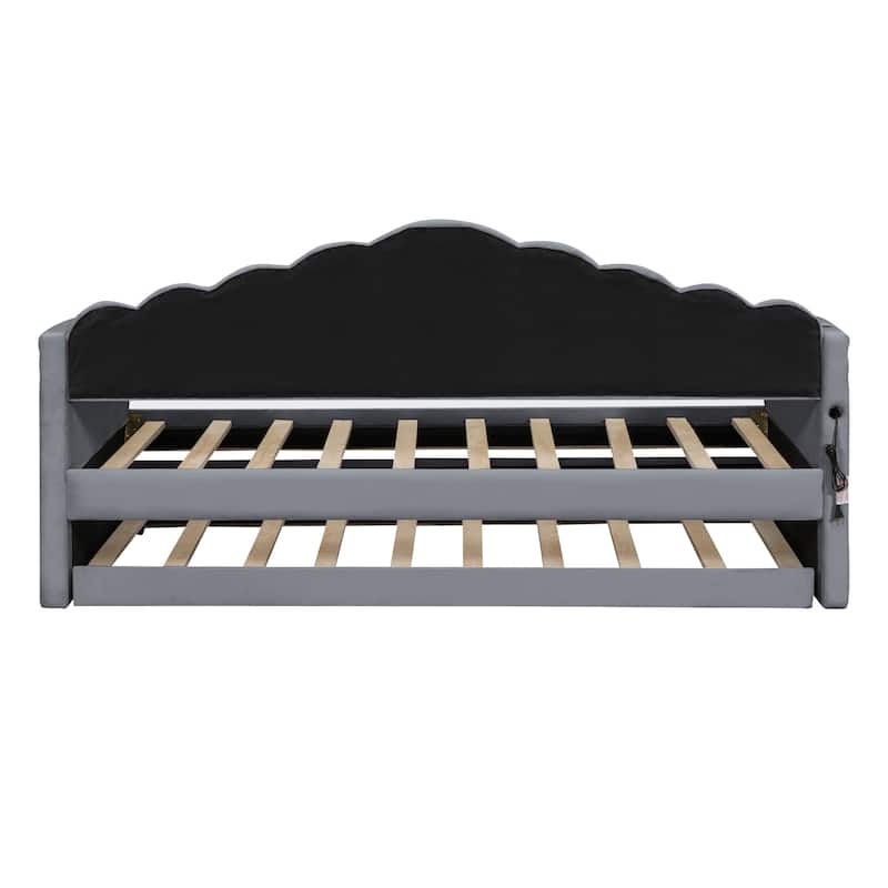 Modern Twin Velvet Daybed with Trundle, USB Ports, and Storage Pockets