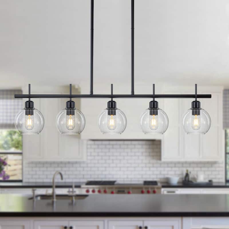 Starsky 5-Light Modern Linear Kitchen Island Pendant with Seeded Glass Globes, Adjustable Height, Black or Gold - Black