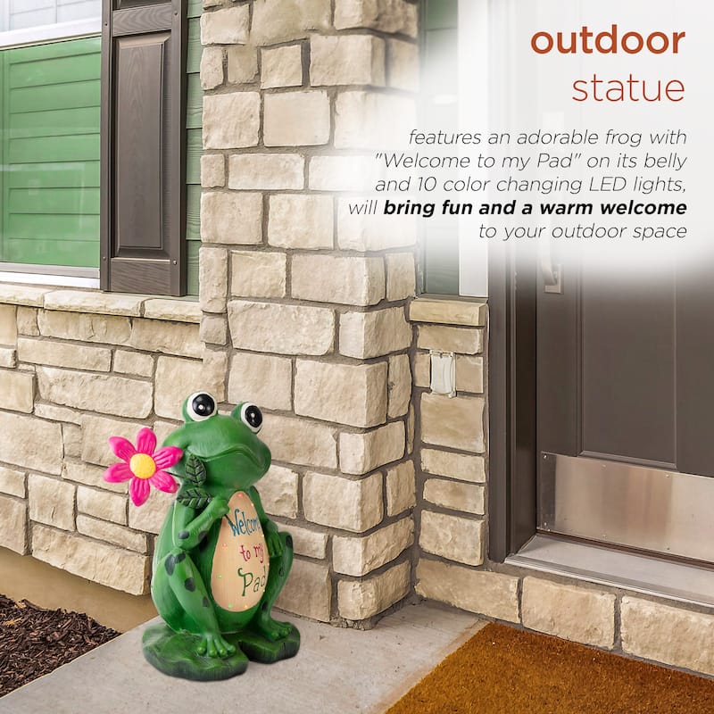 Alpine Corporation 18" Tall Outdoor Frog with Color Changing LED Lights and Welcome Sign Yard Statue