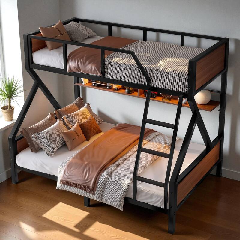 Twin over Full / Twin XL over Queen Metal Bunk Bed with Storage Shelves & LED Lights, Sturdy Noise-Free Space-Saving Design
