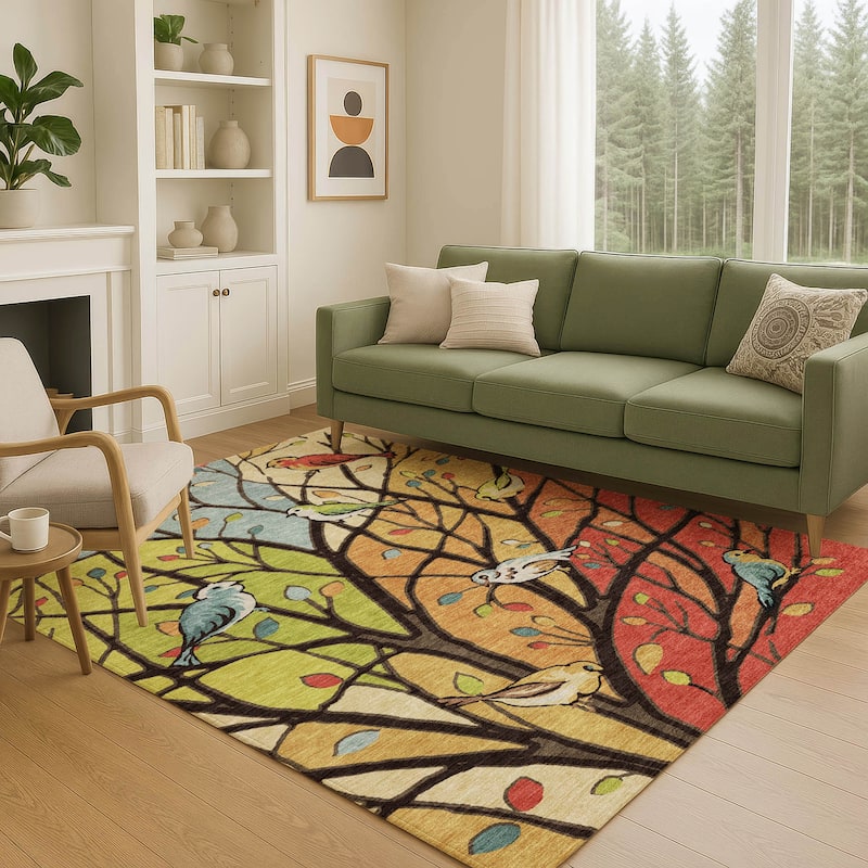 Machine Washable Indoor/ Outdoor Bird Mosaic Chantille Rug