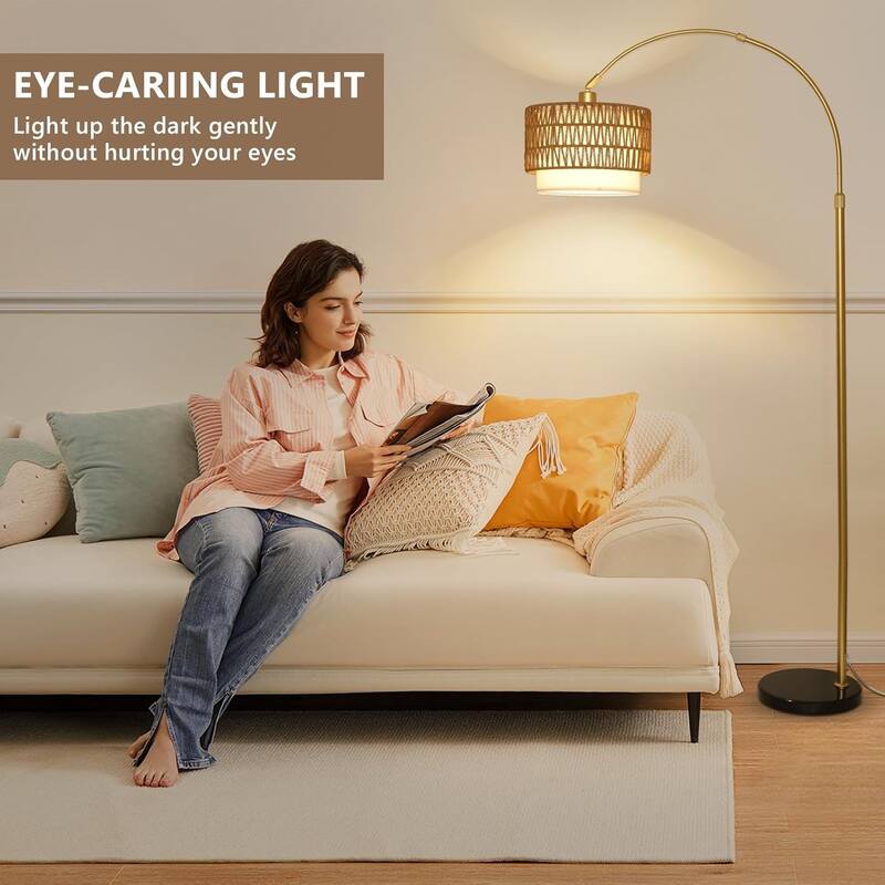 Arc Floor Lamp,Rattan & Linen Shades,Adjustable Height Floor Lamp with Remote & Dimming Bulb,Standing Lamp,3 Color Temperatures