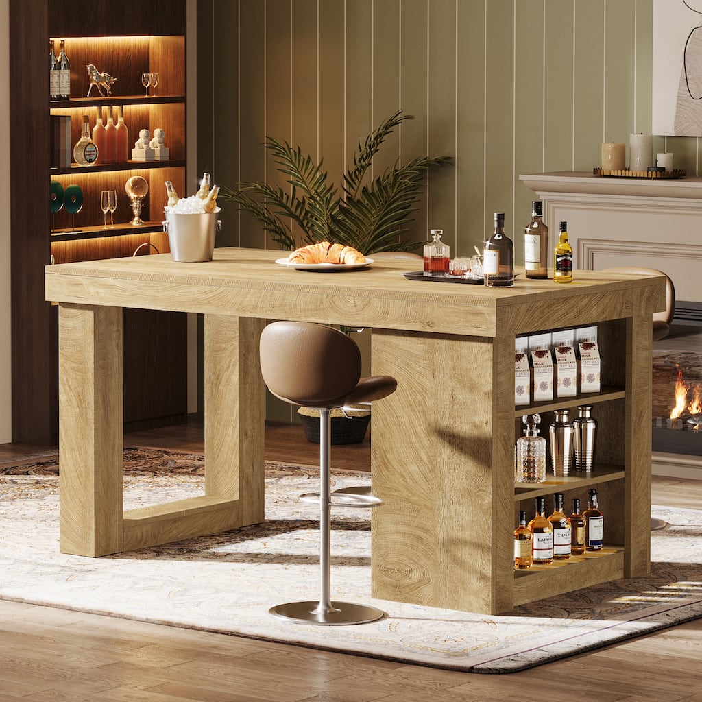 Large Farmhouse Bar Table, 55" Wood Counter Height Table with Storage