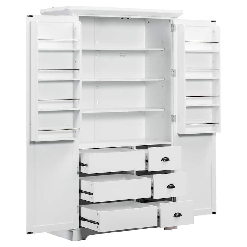 72" Shaker Style Kitchen Pantry Cabinet with Drawers, Freestanding Storage Cupboard with Pull-Out Trays - White