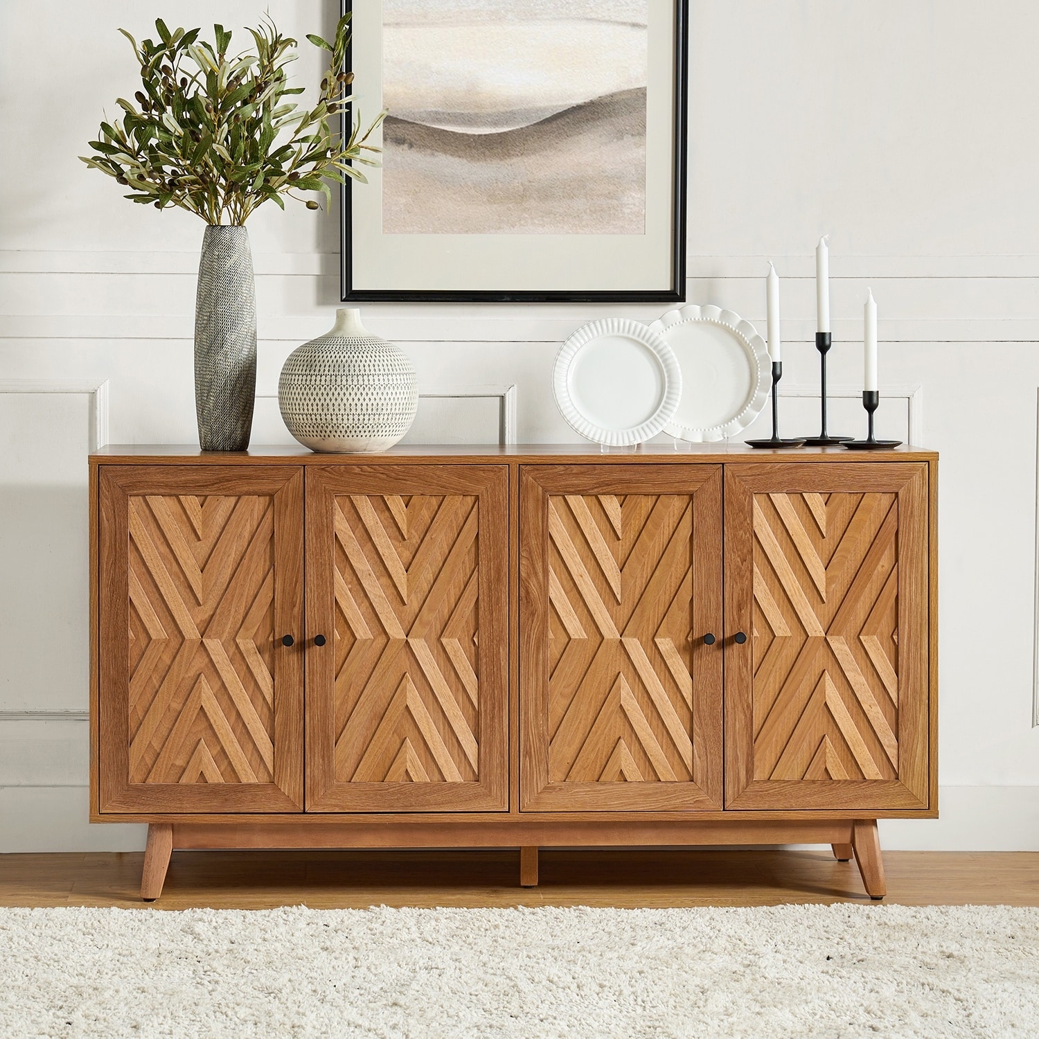 Tobias 57"Wide Mid-century Chevron-patterned Sideboard with Adjustable Shelves by HULALA HOME