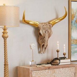 Rustic Polystone Carved Skull Cow Wall Decor - Brown or Bronze