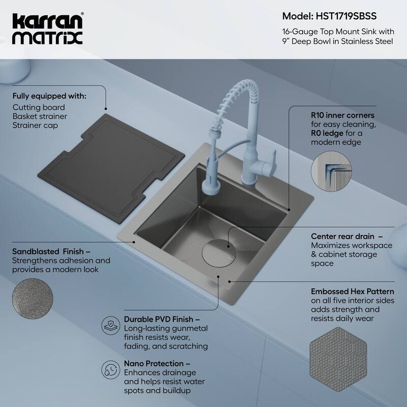 Karran USA HST1719SB Matrix 17" Drop In Single Basin Stainless Steel