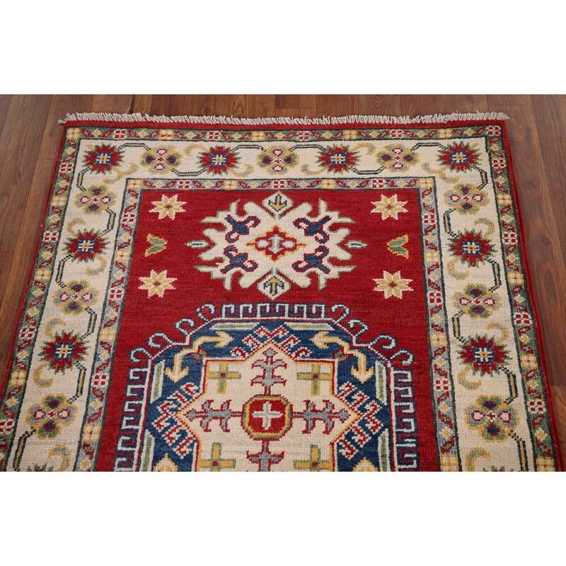 Red Geometric Kazak Foyer Rug Handmade Wool Carpet - 2'10" x 4'1"