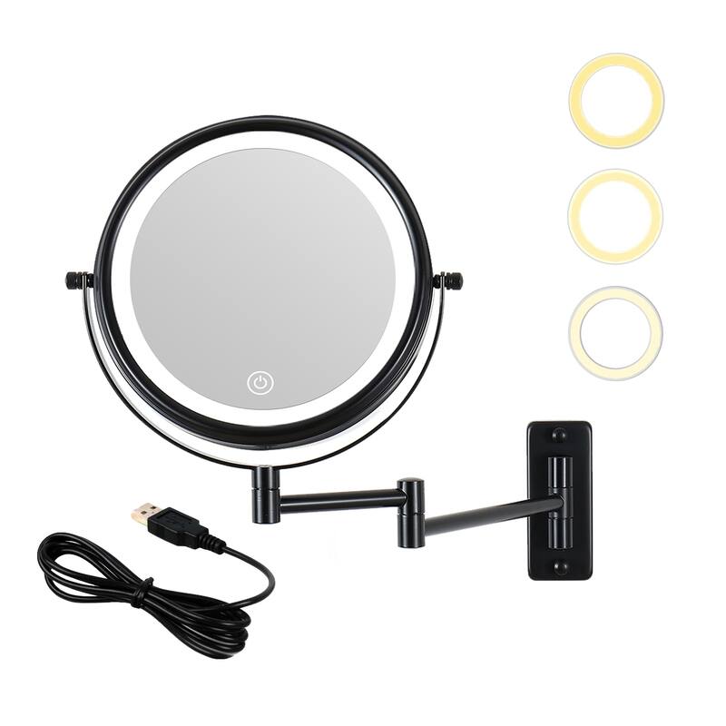 8 in. Small Round 10X Magnifying 3-Color-LED Touch Screen Bathroom Makeup Mirror with Built-in Battery and Type-C Port