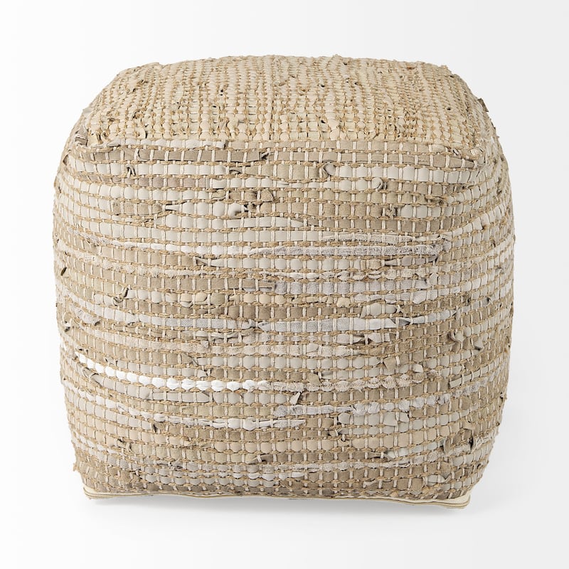 Mercana "Aalia" Beige Leather & Jute Square Pouf