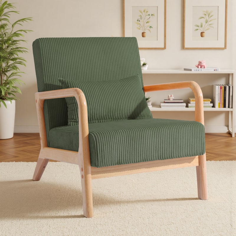 25" W Mid Century Upholstered Wood Accent Chair with Pillow - Natural Wood - Grey Green