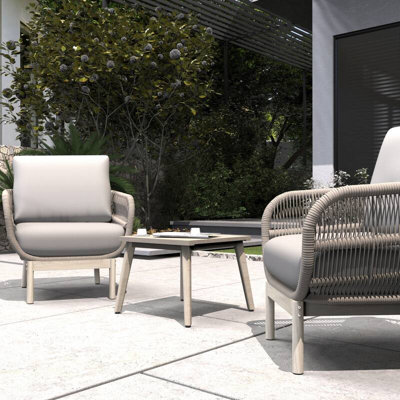 3-Piece Modern Outdoor Acacia Wood Chair Set with Armrest and Side Table