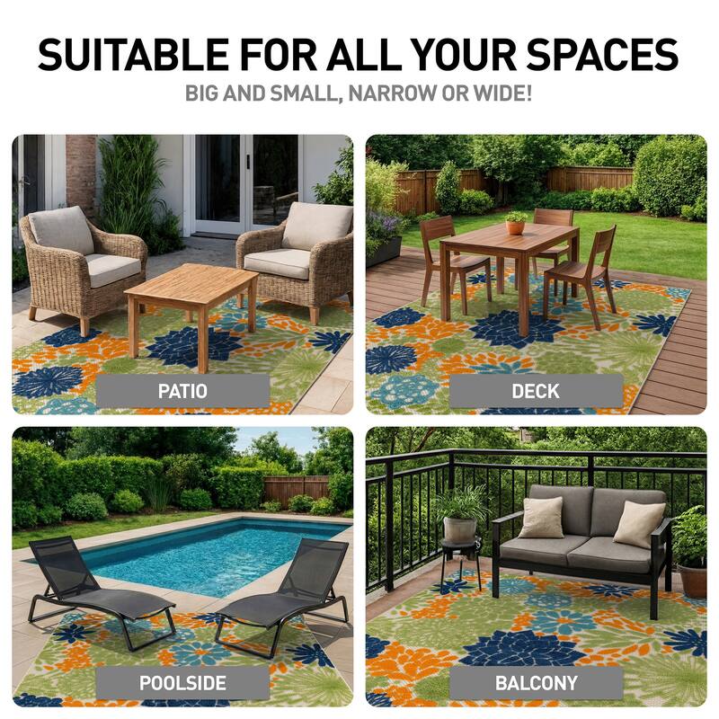World Rug Gallery Indoor/Outdoor High-Low Textured Area Rug, Floral, Easy-Clean Patio Rug