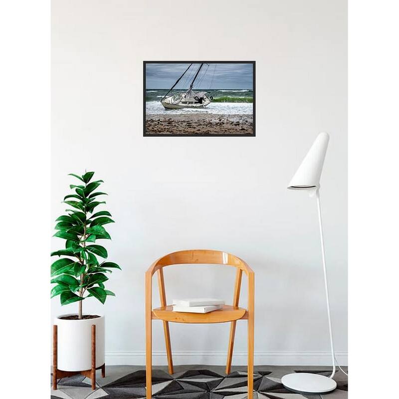 Grounded Sail Boat Waiting for High Tide Photography by Wayne Collamore Framed Poster - 12 x 18 Inch