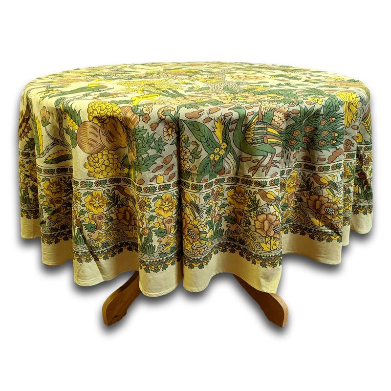 Vibrant Cotton Floral Tree Of Life Tablecloth Collection - 72-inch Round - Beige Yellow