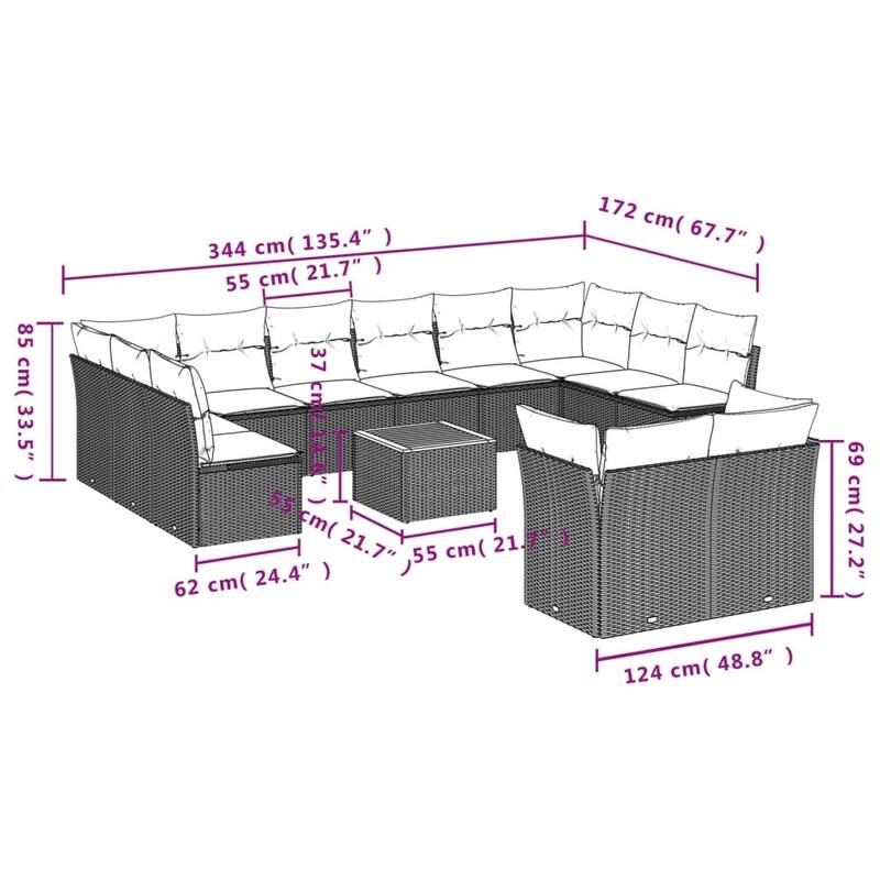 vidaXL Patio Sofa Set with Cushions Outdoor Furniture 13 Piece Poly Rattan - 24.4 x 24.4 x 27.2