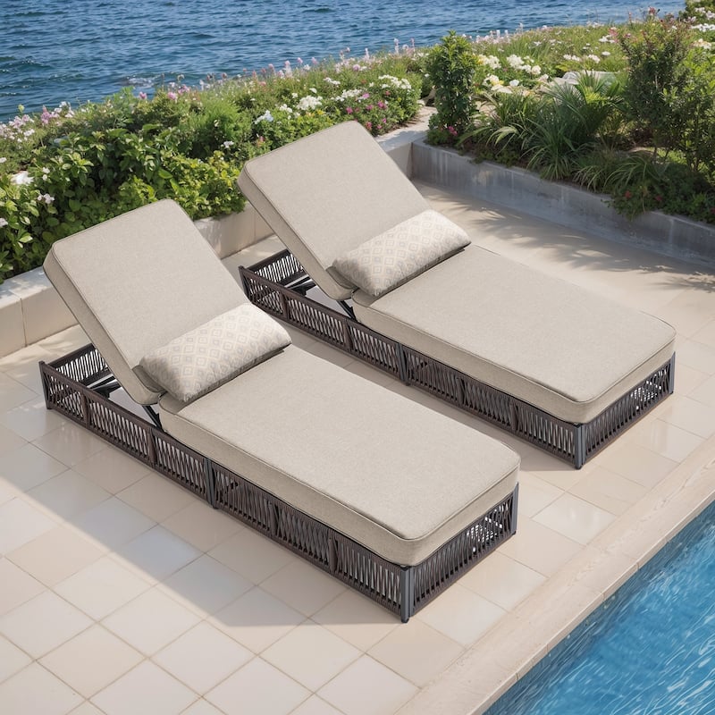 ArcoBay Brown Wicker Outdoor Patio Chaise Lounge with 5-Inch Thick Cushions (2-Pack)