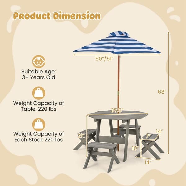 dimension image slide 1 of 2, Costway Kids Wooden Table Set with Octagon Table 4 Stools & Removable - See Details