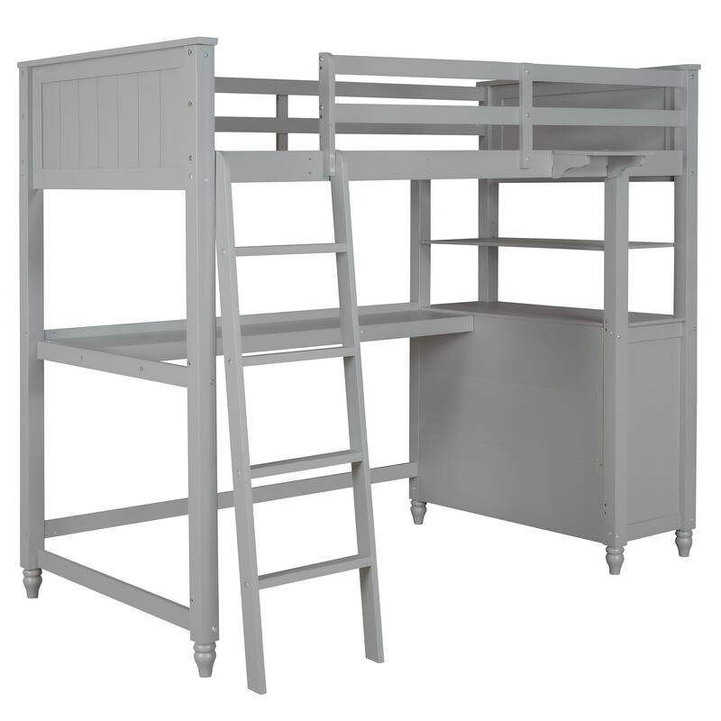 Twin size Loft Bed with Drawers and Desk, Wooden Loft Bed with Shelves