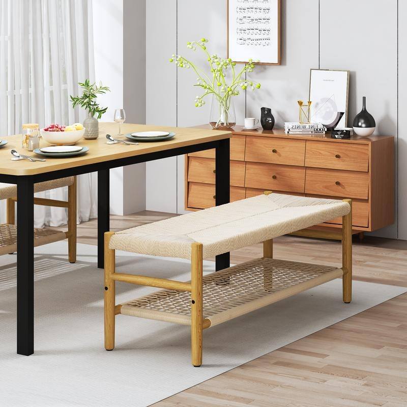 Solid Rubber Wood Entryway Shoe Bench with Hand Rope Design and Storage Shelf, Dining Bench, Boho Farmhouse Natural Shoe Rack