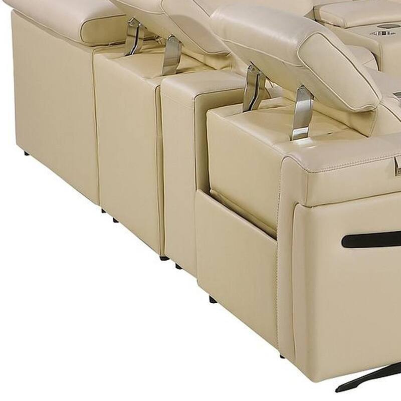 HomeRoots Beige Italian Leather Power Reclining U Shaped Twelve Piece Sectional With Console