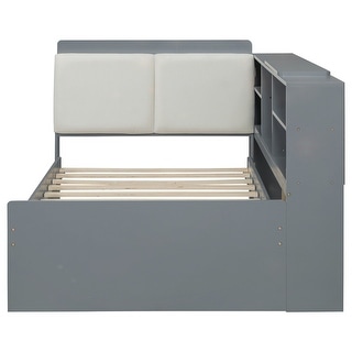 Wood Twin Size Platform Bed with Trundle, Shelves and Storage Headboard, Gray