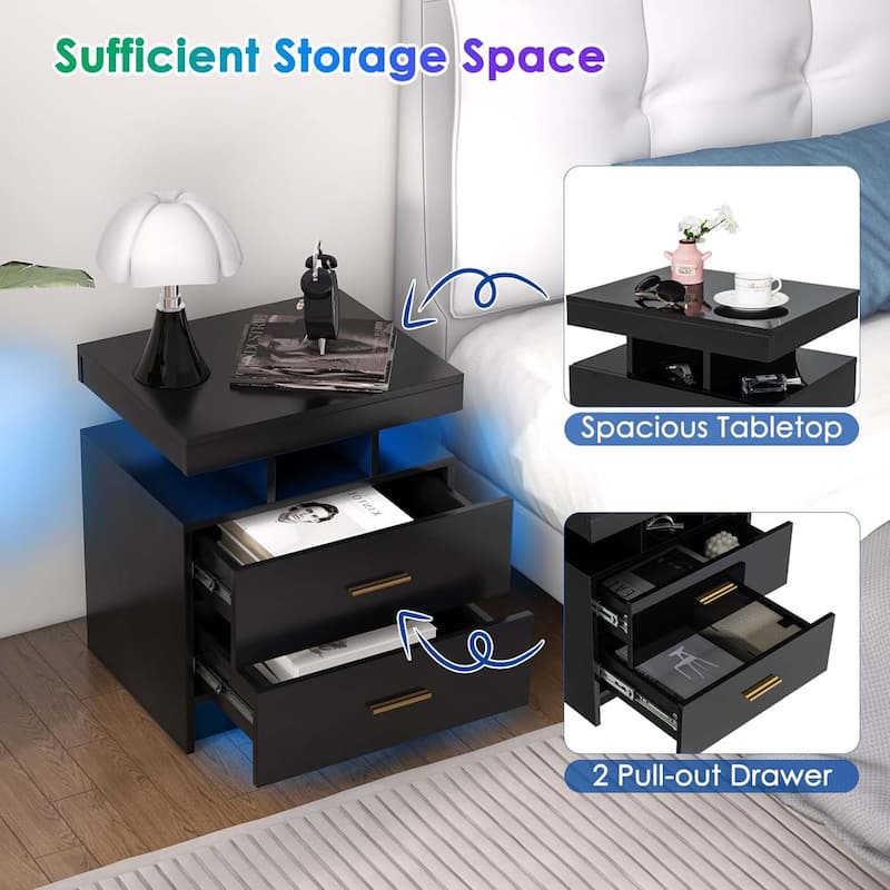 1/2PCS LED Nightstand w/ 2 Drawers Adjustable Light Remote Control