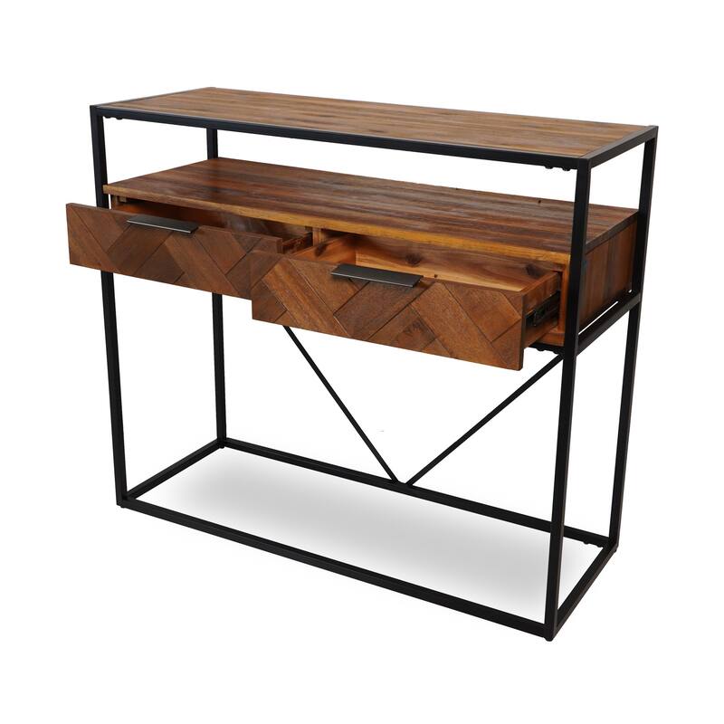 M4H Aarhus Brown Solid Wood Metal Console Table with Two Drawers
